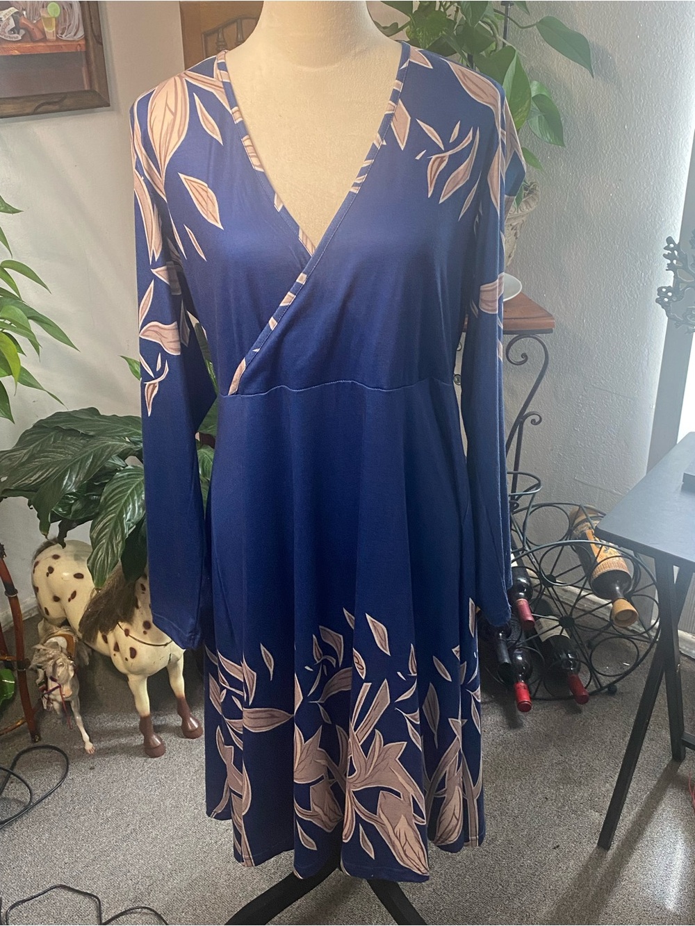 Noracora Navy Blue Long-Sleeve Floral Faux-Wrap Dress